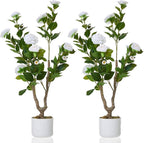 Garvee 3FT Artificial Camellia Tree 2 Pack, Faux Camellia Plant with White Planter and 16 White Flowers, 36" Fake Potted Flower Trees for Home and Office Decor
