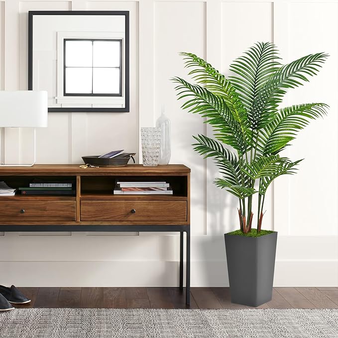 ASTIDY Artificial Palm Tree 5FT - Fake Tree with Gray Tall Planter - Faux Tropical Areca Floor Plant in Pot - Artificial Silk Plant for Home Office Living Room Decor Indoor