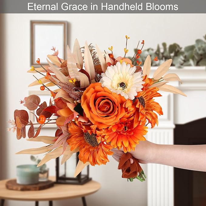 Faux Flowers with Vase, Artificial Silk Roses in Vase, Fake Plant Eucalyptus Flower Arrangement for Fall Decorations Indoor Home Office Farmhouse Table Centerpiece Coffee Table Decor (Orange)