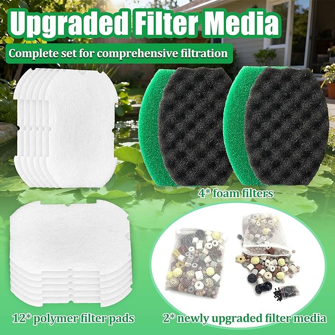PurifyLogix 18PCS Pond Filter Kits for Pennington Inpond 5-in-1 600 Pump | 12 Polymer Wool Pads, 4 Foam Filter, 2 Media Packs(Activated Carbon, Bio-Balls), Maintenance Kits for Aquagarden 600 model