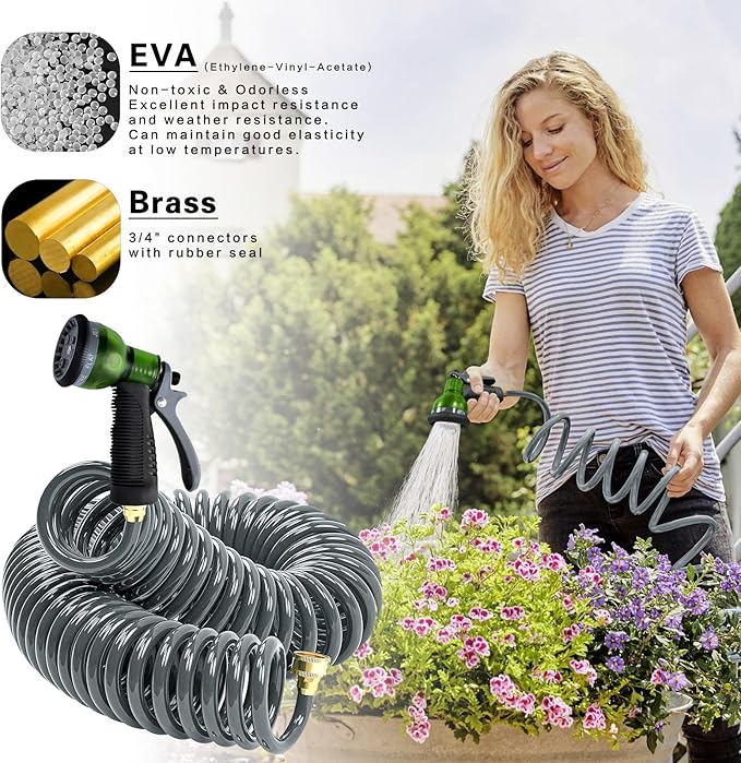 Coil Hose 75FT EVA Coil Garden Hose With 3/4'' Brass Connector Coiled Water Hose Lightweight And No Kink Includes 7 Patterns Spray Nozzle For Outdoors Lawn Watering Car Washing
