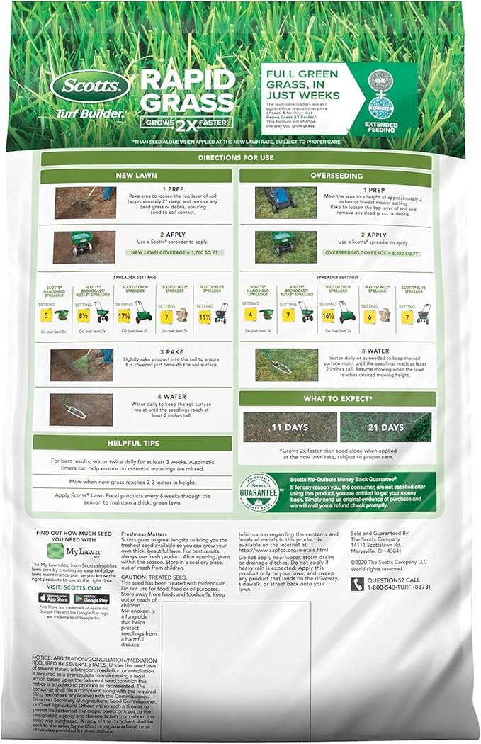 Scotts Turf Builder Rapid Grass Tall Fescue Mix - Combination Grass Seed and Fertilizer for Lawns, Lawn Seed That Grows in Just Weeks, 16 lbs.