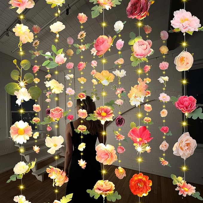 Suncalla 6 Pcs 35.4ft Hanging Flowers Garlands Backdrop Lighted Floating Fake Wildflower Vines LED Floral Garland Ceiling for Spring Wedding Bridal Shower Birthday Graduation Party(Lovely,Multicolor)