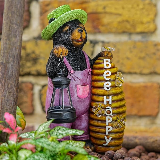 Joint Honglin Solar Adorable Bear Garden Statue with Beehive and Lantern - “Bee Happy” Resin Outdoor Decoration for Yard, Patio, or Home Decor