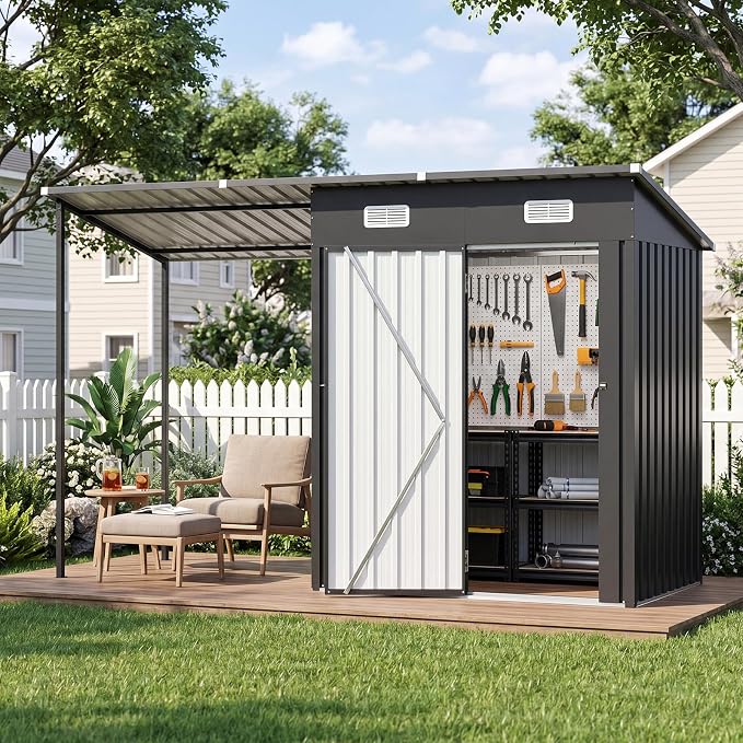 Aoxun 5x3FT Outdoor Storage Shed & Hardtop Canopy Gazebo Combo | 10x3FT Metal Lean to Shed, 2-in-1 Garden Bike Shed for Patio, Backyard, Deck, Black