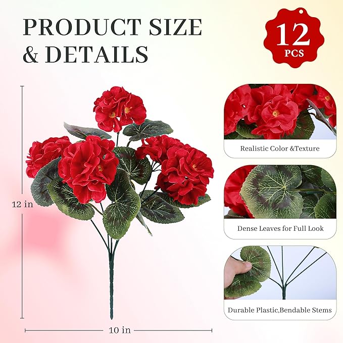Der Rose 12 Pack Red Artificial Geraniums Flowers for Outdoors UV Resistant Faux Flowers for Outdoor Planters Window Boxes Patio Cemetery Porch Decor