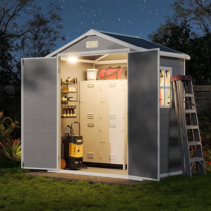 Aoxun 6x4 FT Outdoor Storage Shed with Built-in Magnetic Suction Light, Plastic Garden Resin Shed with Floor, Outdoor Storage with Lockable Door for Bike, Tools, Garbage Can, Grey