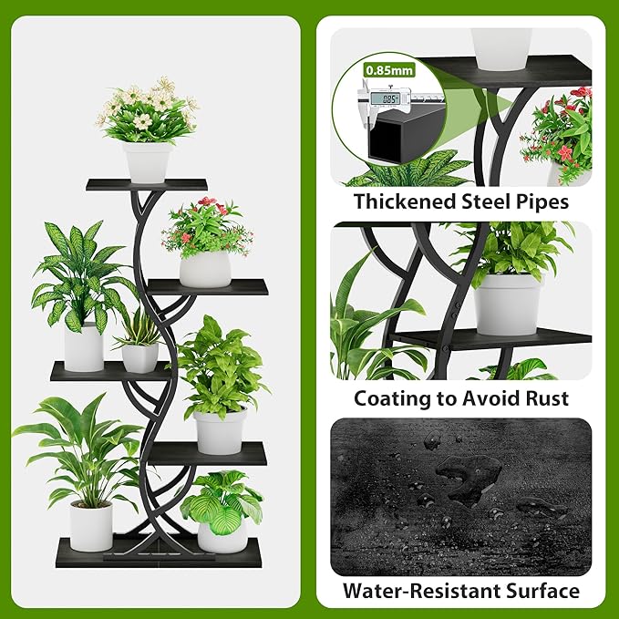 Plant Stand Indoor with Grow Lights - 44" Tall Corner Plant Stands for Indoor Plants, 5 Tiered Metal Plant Shelf, Curved Plant Flower Holder Dispaly Rack for Living Room, Home Patio Balcony (Blackboard)