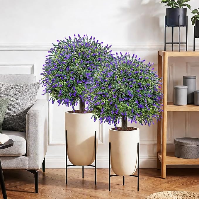 Set of 2 Artificial Lavender Boxwood Topiary Ball Trees with Ground Spike, 27.5" UV Resistant Faux Evergreen Shrubs, Purple Green Fake Bushes for Indoor Outdoor Front Porch Garden Patio Yard Decor