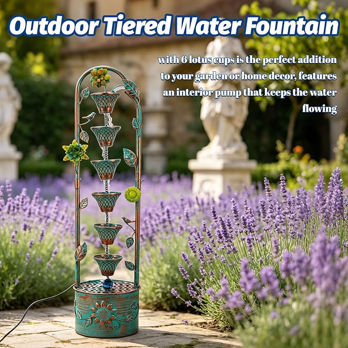 40" H Outdoor Tiered Water Fountain, Vintage Floor Standing Fountains with 6 Hanging Cups, Indoor Cascading Water Fountain Feature for Garden Yard Home Decor