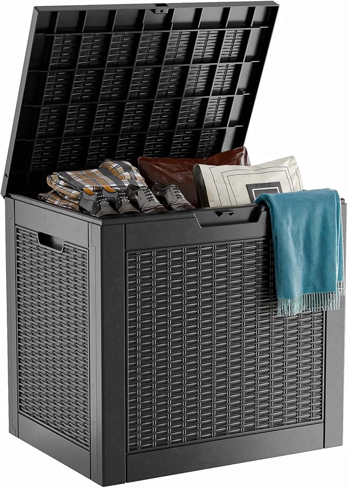 PatioZen 30 Gallon Resin Deck Box, Lockable Patio Outdoor Storage Box for Furniture, Garden Tools and Tools Storage, Waterproof Outside Storage Boxes - Black