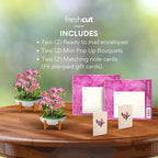 Freshcut Paper Pop Up Cards, Mini Orchid Oasis (Set of 2), 6 Inch Mini Sized Forever Flower Bouquet 3D Popup Greeting Cards, Birthday Card, Get Well Gifts, Blank Notecard & Envelope