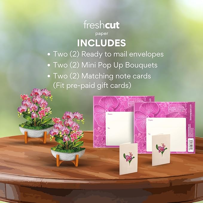 Freshcut Paper Pop Up Cards, Mini Orchid Oasis (Set of 2), 6 Inch Mini Sized Forever Flower Bouquet 3D Popup Greeting Cards, Birthday Card, Get Well Gifts, Blank Notecard & Envelope