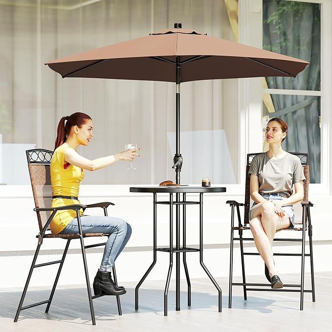 Outsunny 4 Piece Outdoor Bar Set with Umbrella, Patio Dining Set with 2 Folding Chairs, Wave Textured Tempered Glass Table for Backyard, Garden, Deck, Poolside, Brown
