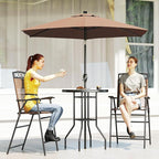 Outsunny 4 Piece Outdoor Bar Set with Umbrella, Patio Dining Set with 2 Folding Chairs, Wave Textured Tempered Glass Table for Backyard, Garden, Deck, Poolside, Brown