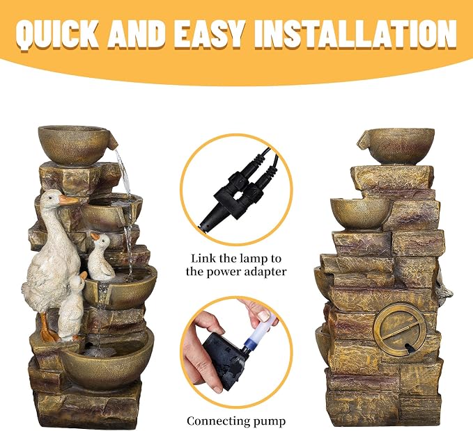 31.5" H Duck Outdoor Water Fountain, 4-Tier Cascading Garden Fountain with LED Light, Resin Waterfalls for Patio, Backyard, Yard, Porch, Front Door