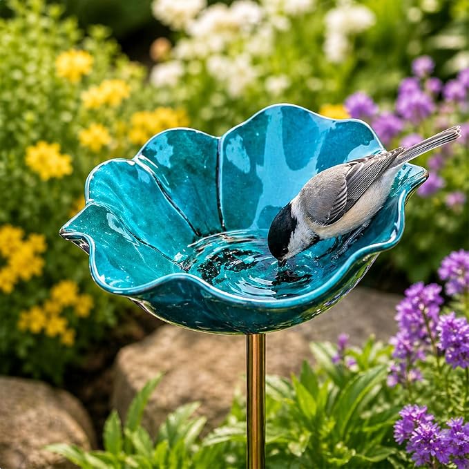 Handmade Metal Flower Garden Stake Metal, Decorative Bird Bath and Bee Watering Station with Flower Design for Outdoor Yard Garden Decor (Blue)