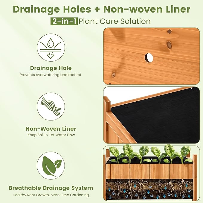 Set of 2 Fir Wood Square Planter Boxes, 18" Extra Large Outdoor Flower Box with Removable Drainage Base & Non-Woven Liner, Rustic Wooden Planters for Patio Garden Balcony, Wood Bucket Planter