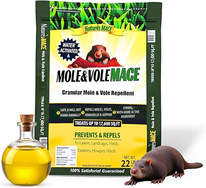 Nature's MACE Mole and Vole MACE, Mole Deterrent for Yard, Mole Repellent for Lawns, Keep Moles Out of Garden, Castor Oil Granules, Vole Repellent Outdoor, Plant & Pet Safe, 22 lb Bag, 17,600 Sq Ft