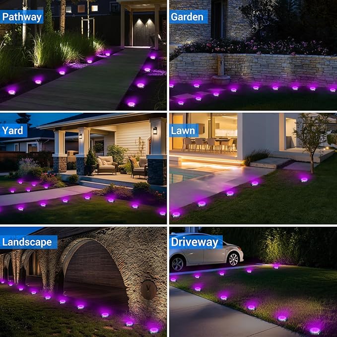 Peasur Solar Ground Lights Outdoor, 12 Pack Flat Solar Powered Disc Lights, IP68 Waterproof, Anti-Rust, Landscape Lighting for Pathway Garden Yard Lawn Walkway Landscape Driveway, Purple