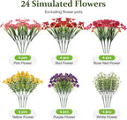 24 Bundles Lifelike Outdoor Artificial Flowers, UV Protected No Fade Fake Silk Plants for Spring Summer, Realistic Faux Flowers for Garden Porch Patio Decorations (6 Color Mix)