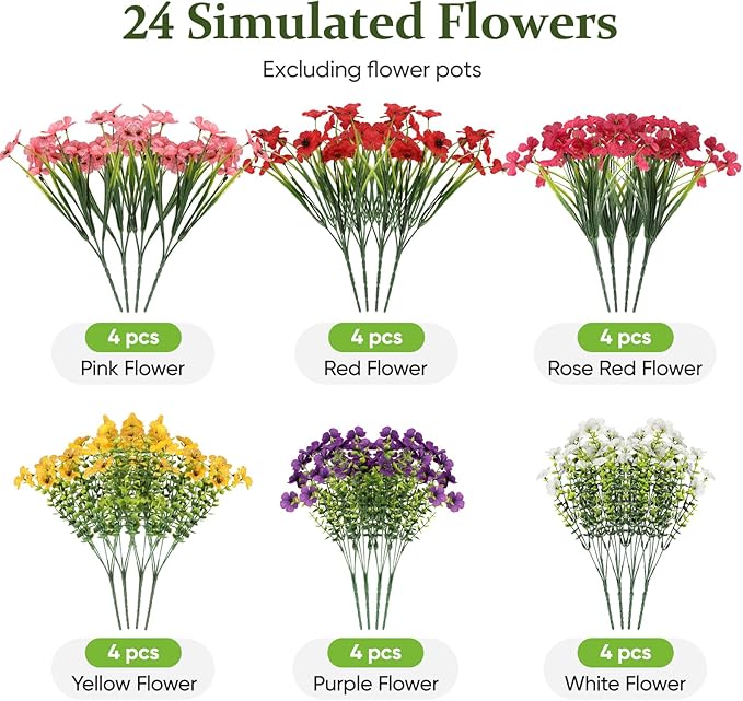 24 Bundles Lifelike Outdoor Artificial Flowers, UV Protected No Fade Fake Silk Plants for Spring Summer, Realistic Faux Flowers for Garden Porch Patio Decorations (6 Color Mix)