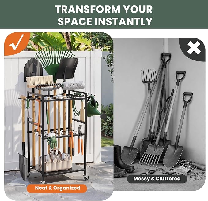SPACECARE Garden Tool Organizer with Wheels, Yard Tower Rack for Garage Organization and Storage, Up to 35 Long-Handled Tools/Rakes/Brooms, Heavy Duty Steel Garden Tool Stand for Shed, Outdoor, Black