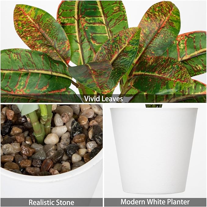 GnFlus Fake Plants Set of 2 Artificial Plants Faux Croton Plant with White Pots Fake Potted Plants Artificial Decor for Farmhouse Room Bathroom Bedroom Kitchen Office Table Desk Green and Red