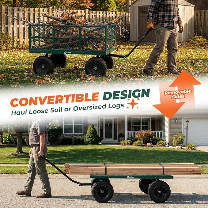 Sekey 1600 lbs Heavy Duty Steel Garden Cart for Farm & Construction, 12 Cu.Ft. Extra-Large Utility Wagon with Removable Sides, 2-in-1 Towable Handle, 13" Rubber Tires, Green