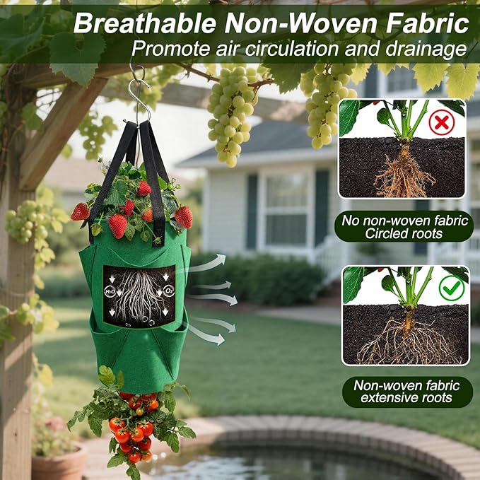 4Pack Upside Down Strawberry Tomato Planter Hanging Growing Kit Outdoor Indoor with 4 Hooks 3 Gallon Cloth Fabric Cherry Tomato Strawberry Vegetable Vertical Hanging Garden Planting Planter Grow Bags