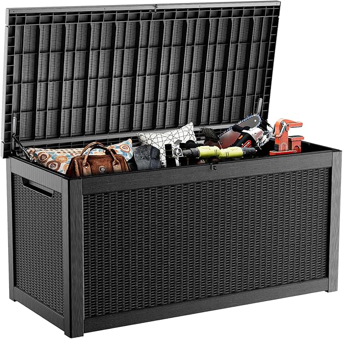 PatioZen 320 Gallon Resin Deck Box, Lockable Weatherproof Outdoor Storage Box for Furniture, Garden Tools and Tools Storage, Waterproof Outside Storage Boxes - Black