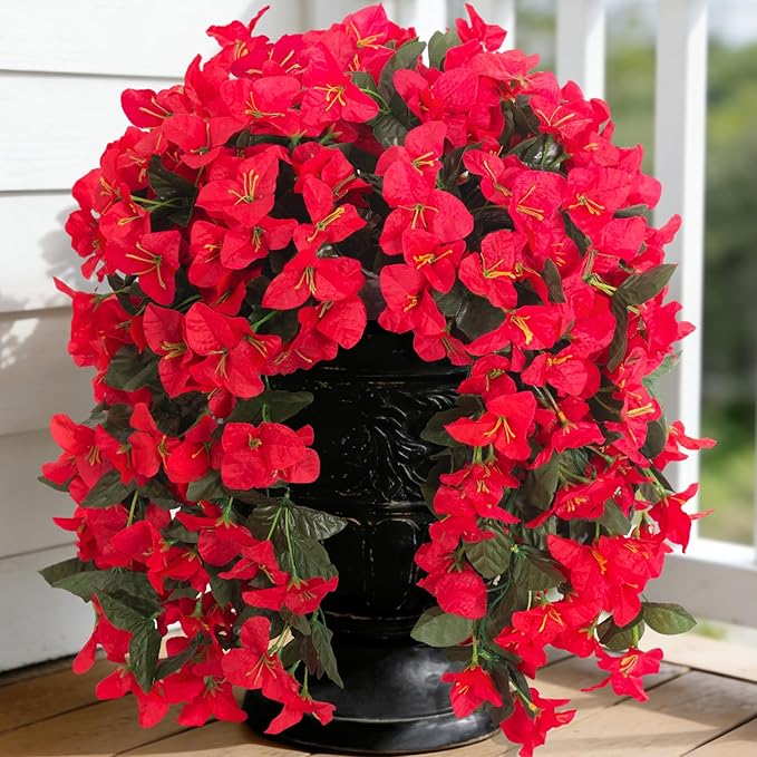 2 pcs Artificial Faux Bougainvillea Flowers Plants for Outdoor Outside Summer Decoration, Fake Silk UV Resistant Long Trailing Vines for Front Door Porch Planter Balcony