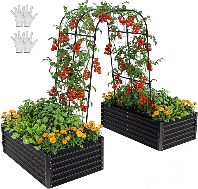 YITAHOME 2pcs 6x3x1.5ft Galvanized Raised Garden Bed with Tall Arch Trellis, Galvanized Planter Box with Trellis, Vertical Netting, Gloves, Outdoor Flower Bed for Climbing Plants, Vegetables, Black