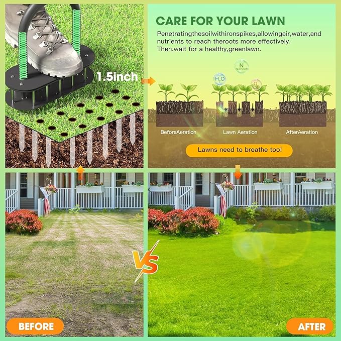 Lawn Aerator Automatic Dirt and Leaf Clean Design,Pre-Assembled 15 Iron Spikes Metal,Soil Lawn Aerating Tools for Yard Lawn and Garden, Lawn Aerator Spikes aerating Tool