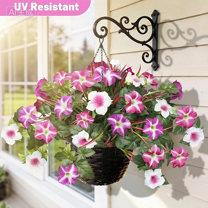 Artificial Flowers Plants for Outdoors, 6PCS UV Resistant Faux Flowers Outdoor Plants, Fake Petunias Silk Flowers for Garden Balcony Yard Porch Decor (White Red Lotus)