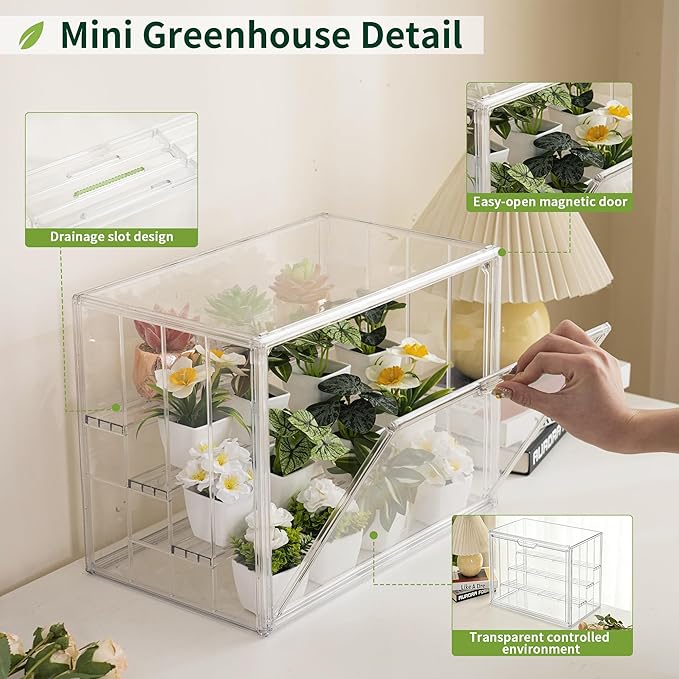 Clear Mini Greenhouse Indoor, 2 Pack Small Portable Tabletop Green House with Magnetic Door for Seed Starting, Plant Grow Warmer and Home Gardening Display