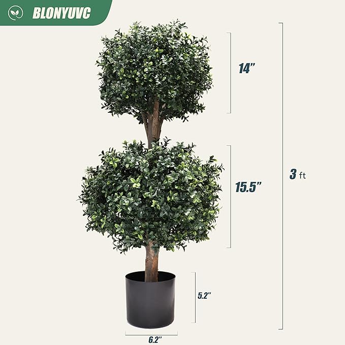 3Ft-35'' Artificial Boxwood Double Ball Topiary Trees,2PACK Faux Topiaries Tree Store Garden Indoor&Outdoor for Porch Home Decor