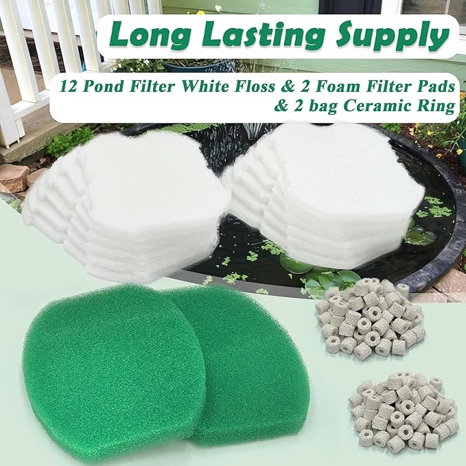 NEWKE 16 Pack Filter Media Set for Aquagarden Suitable for Inpond 5in1 200 Gallon Model, Pond Filter White Floss & Foam Filter Pads & Ceramic Rings