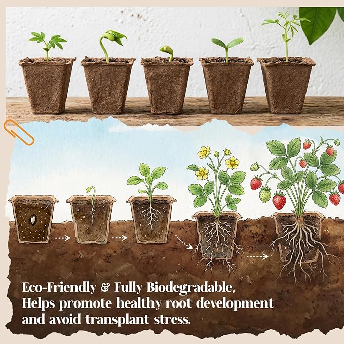 200 Cells Seed Starter Tray, 20 Pcs Biodegradable Plant Starter Peat Pots(Including T-Type Labels & Starter Tools)– Eco-Friendly Gardening Supplies, No Transplant Needed