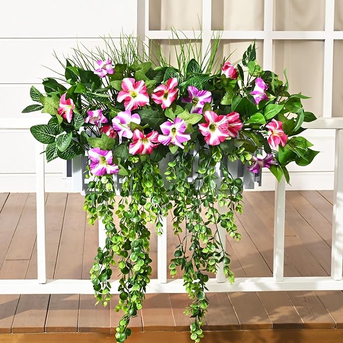 Waipfaru Artificial Plants & Flowers, UV Resistant Fake Plants Artificial Flowers Outdoors, Realistic Faux Petunias Fake Hanging Plants for Home Outside Garden Balcony (10 Bundle Fuchsia Lotus)