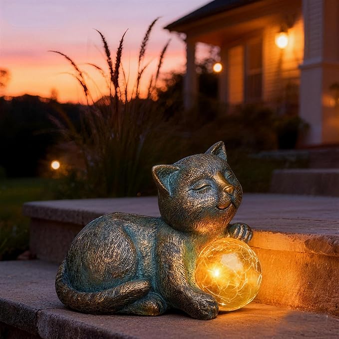 Solar Cat Statue with LED Lights, Solar Garden Decor, Waterproof Outdoor Cat Figurine for Yard, Patio, Balcony, Patio, Night Light, Gift for Cat Lovers, Mom, Women