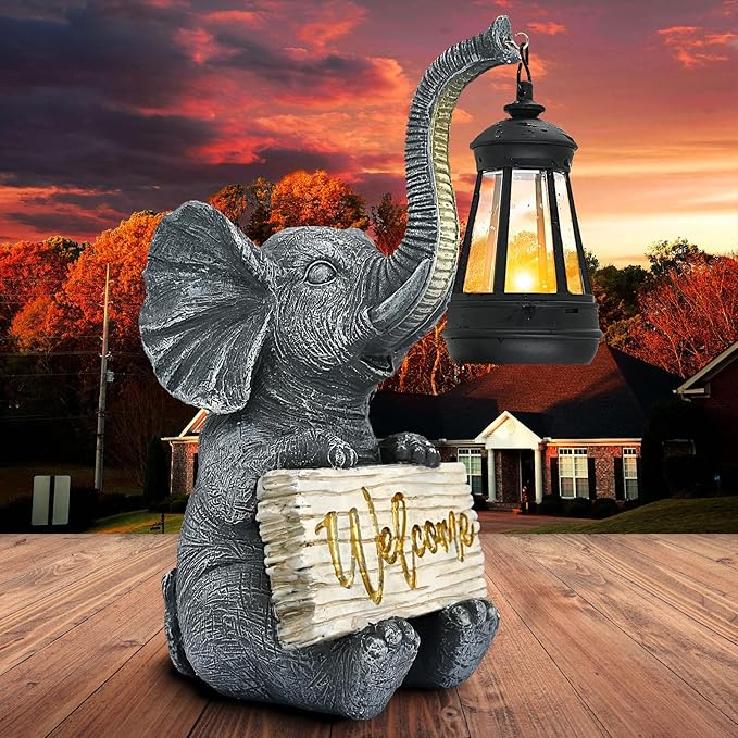 Outdoor Elephant Statues Solar Garden Decor Lights - Elephant Decoration for Garden, Balcony, Patio, Yard, Lawn - Housewarming, Fathers Day, Unique Birthday Gifts for Women Mom Grandma(Gold)
