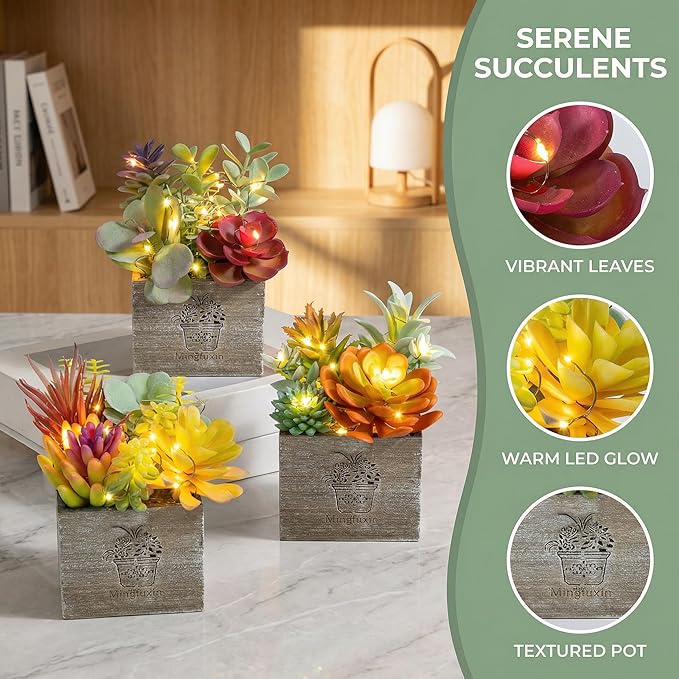 Mingfuxin Succulents Plants Artificial, Small Faux Plants with Lights, Assorted Decorative Fake Succulent Potted for Office Desk Bathroom Bedroom Shelves Windows Room Decor