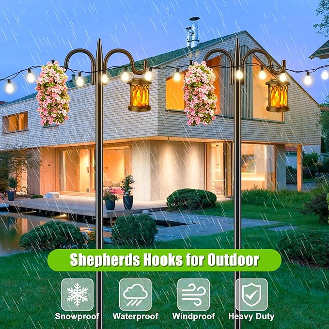 Gtongoko Double Shepherds Hook for Outdoor, 2 Pack 63 Inch Heavy Duty Bird Feeder Pole 5/8 Inch Thick Garden Hooks for Hanging Hummingbird Feeder, Plant Baskets, Solar Light Lanterns