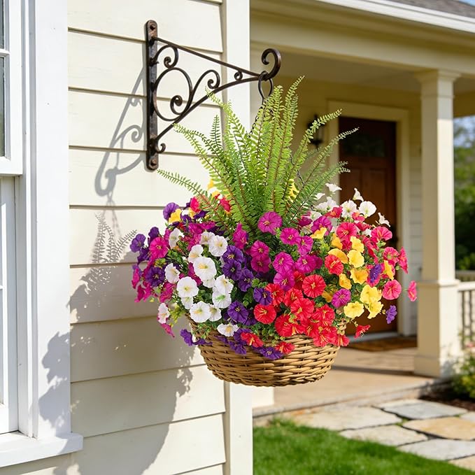 Artificial Flowers Fake Plants for Outdoors Decoration, 12 Bundles Silk Morning Glory with Boston Fern Realistic UV Resistant Faux Spring Flowers for Outside Planter Yard Patio Garden Home Indoor Urn