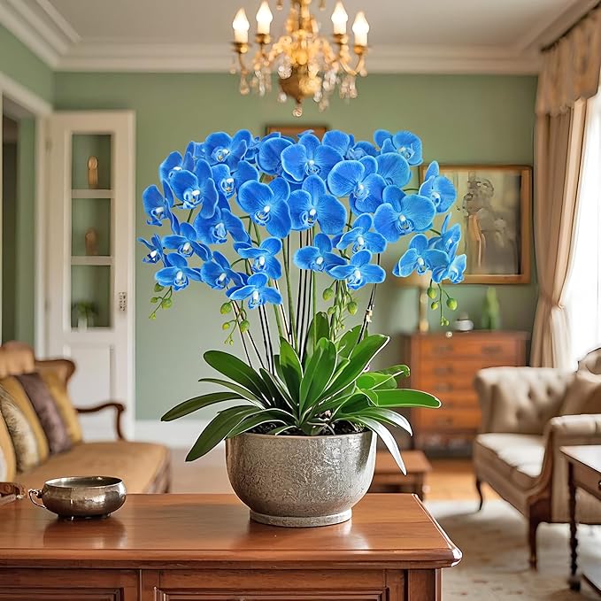 Htmeing 38 Inch Artificial Phalaenopsis Flowers Branches Real Touch (Not Silk) Orchids Flowers for Home Office Wedding Decoration,Pack of 2 (Dark Blue)