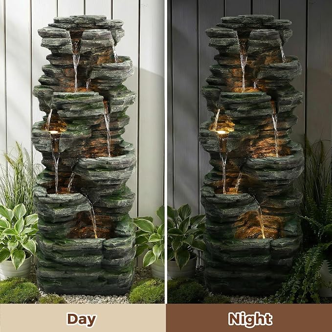 46" H Outdoor Water Fountain, 7-Tiers Cascading Rock Waterfall Fountain with 6 Warm LED Lights, Large Water Feature for Outdoor Indoor, Garden Water Fountain for Patio, Yark, Deck, Porch, Home Decor