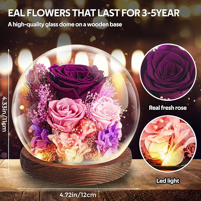 EXXccds Preserved Purple Roses Flowers Gifts for Her - Birthday Gifts for Women, Girlfriend, Wife, Daughter, Mom, Grandma, Wedding Gifts - Office Desk Decor, Living Room Decor, Home Decor (Purple)