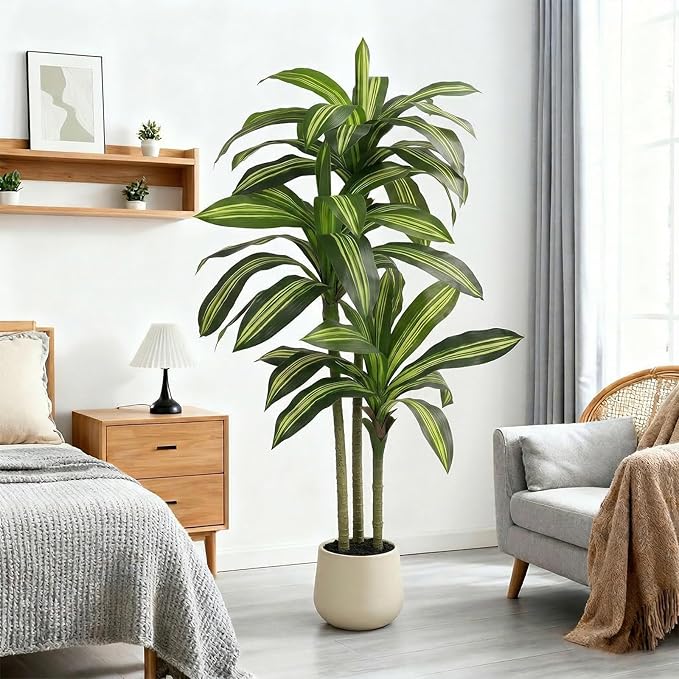 5FT Artificial Tree Dracaena Plant in Decorative Pot-Realistic Fake Plant for Indoor Outdoor Use,Home Office Living Room Decor,Real Touch Leaves,Housewarming Gift,Black Planter