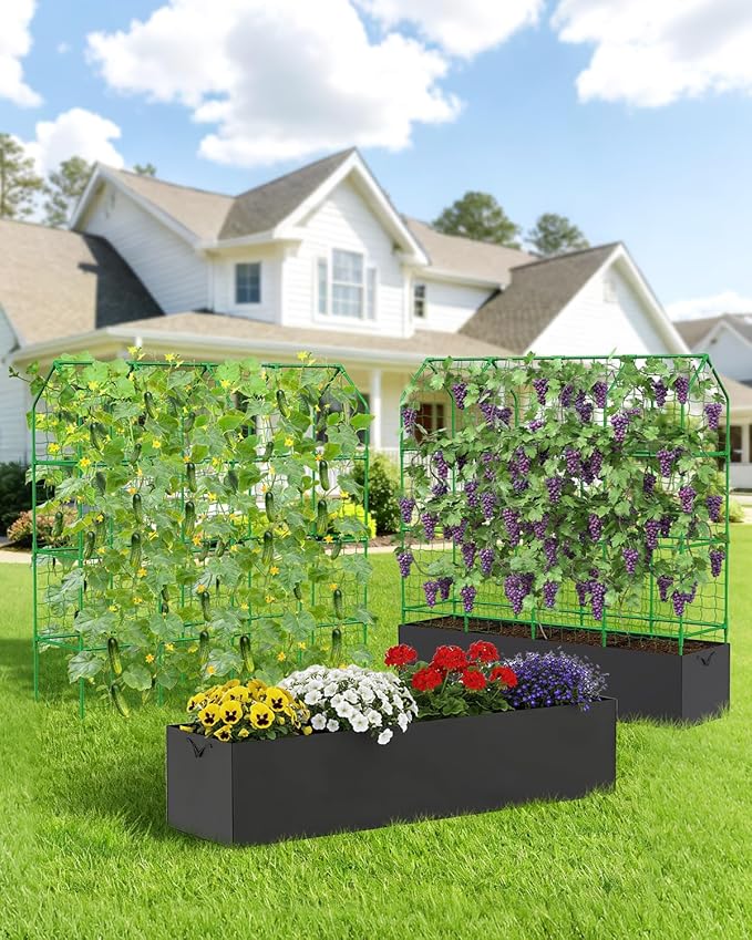 Cucumber Trellis with Grow Bag for Raised Bed, A-Shape Garden Trellis for Climbing Plants Outdoor, Metal Plant Trellis with Garden Netting for Flower Vegetables, Pea, Grape (67x17.7‌x65‌in)